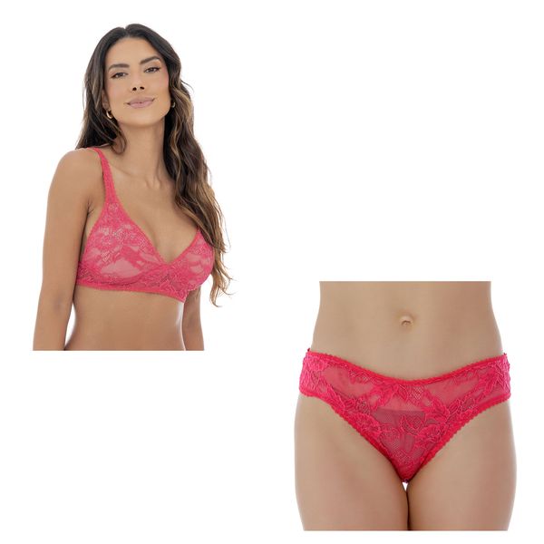 Kit Top em Renda e Calcinha Biquíni México Framboesa G